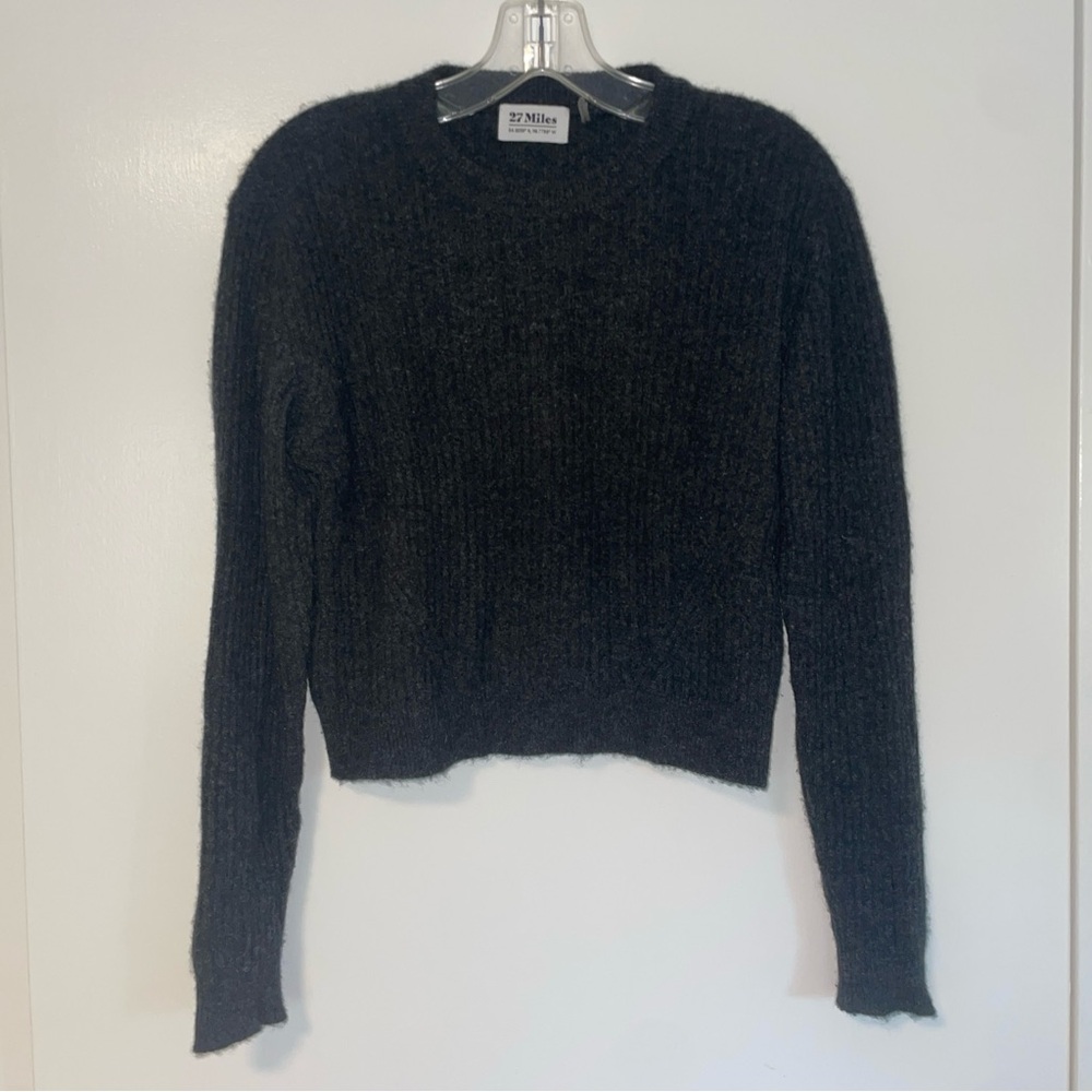 27 Miles Malibu Africa Ribbed Cropped Cashmere Crewneck, Charcoal Gray, Small
